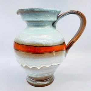 Handmade Ceramic Pitcher Blue Green Orange Striped Decorative Jug